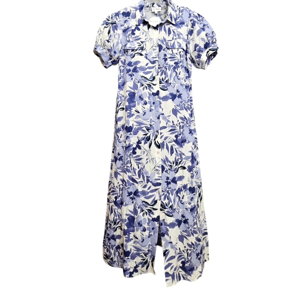 Nwt Wilder Love & Harmony Floral Blue/White Puffed Sleeve Button Down MaxiDress